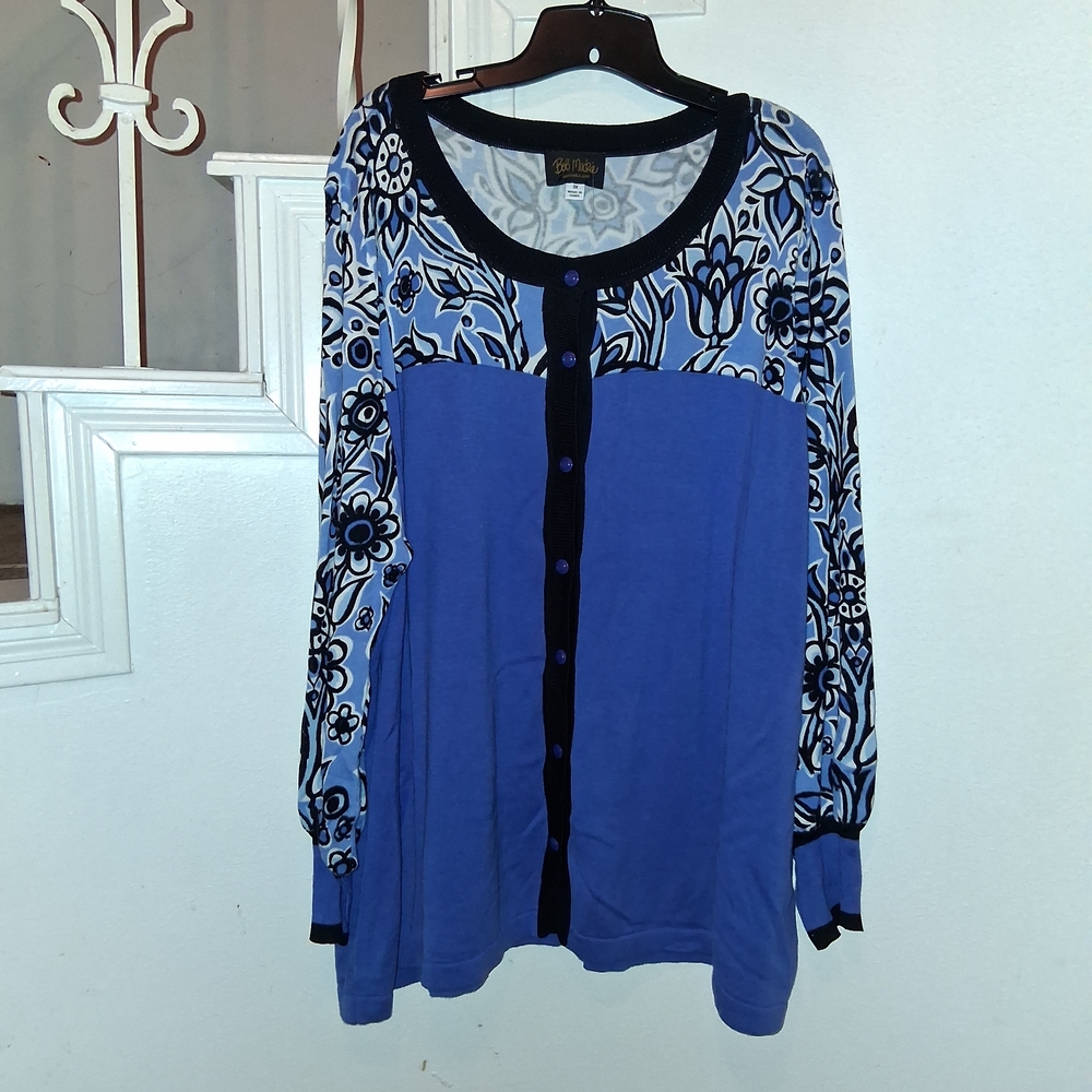 Designer Bob Mackie Blue and Black Floral Cardigan